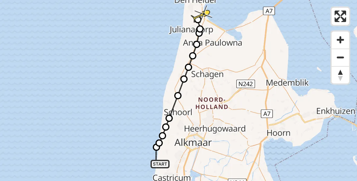 Routekaart van de vlucht: Kustwachthelikopter naar Vliegveld De Kooy, Velowseweg