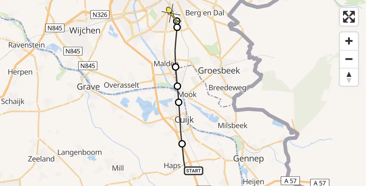 Routekaart van de vlucht: Lifeliner 3 naar Radboud Universitair Medisch Centrum, Kokerbijl