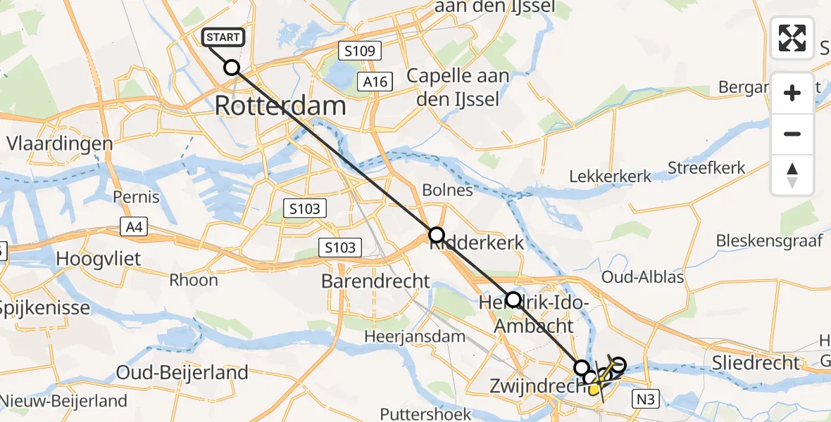 Routekaart van de vlucht: Lifeliner 2 naar Dordrecht, Schipholstraat