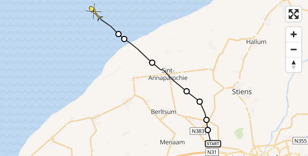 Routekaart van de vlucht: Ambulancehelikopter naar Oosterend, Folkert Klazingastrjitte