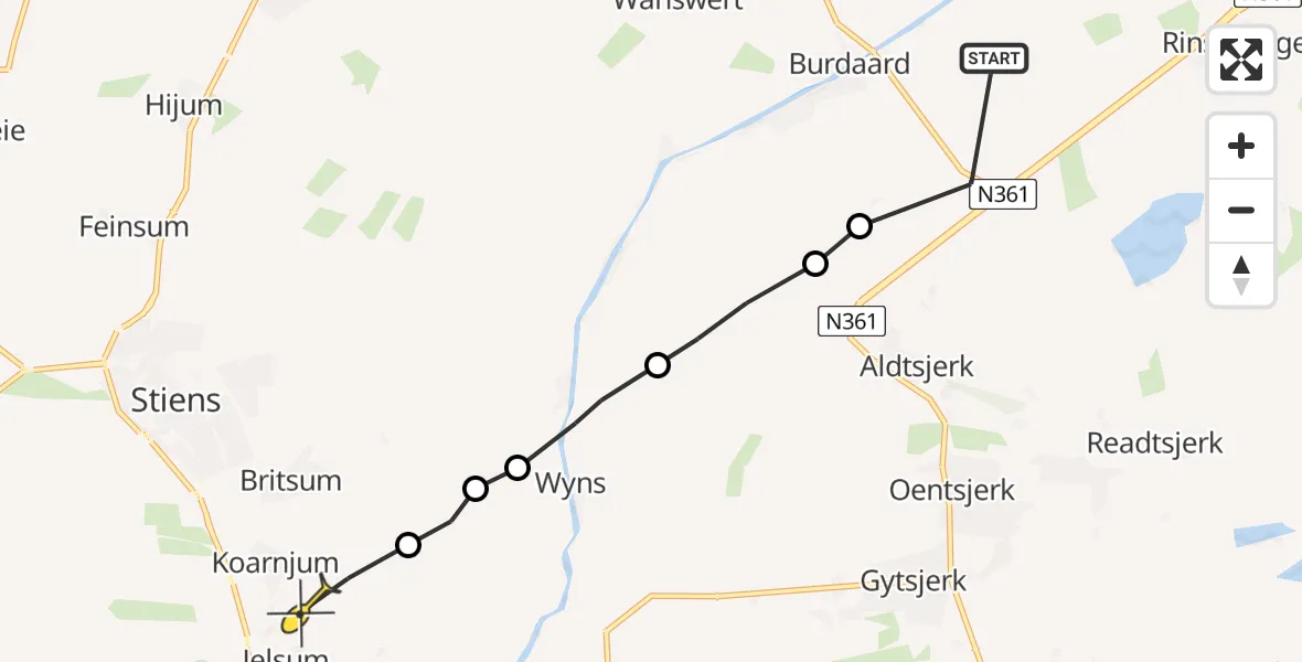 Routekaart van de vlucht: Ambulancehelikopter naar Jelsum, Kolkhuzerwei
