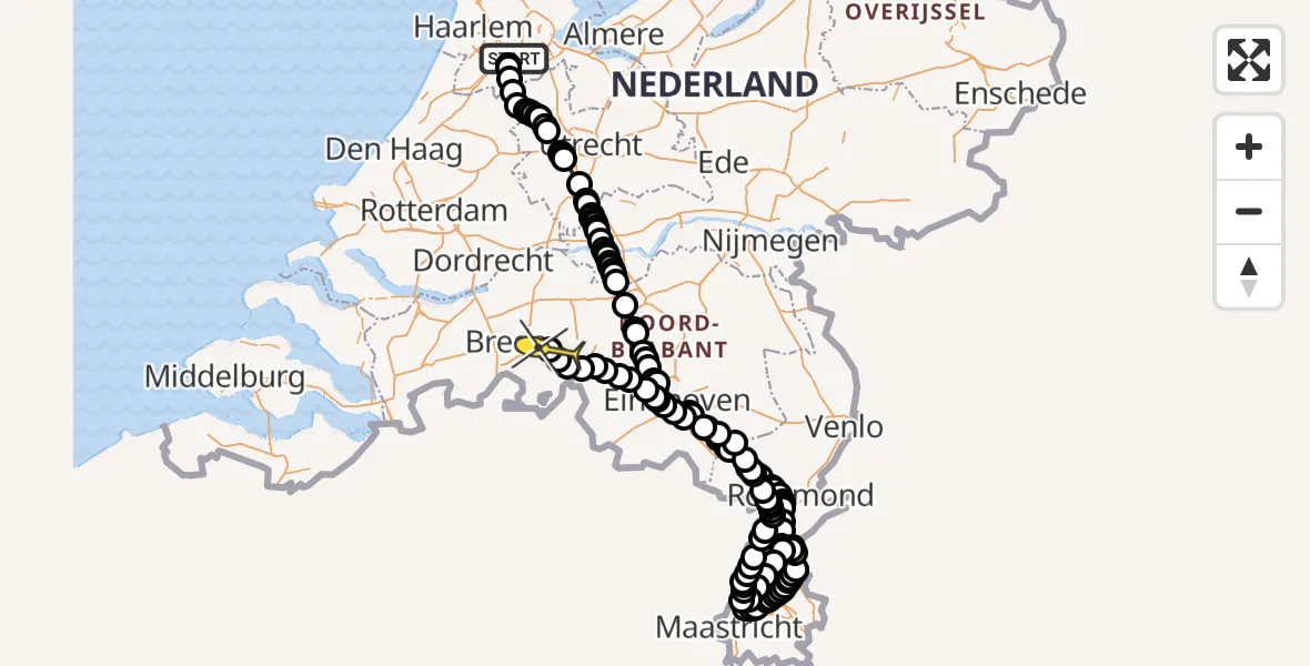Routekaart van de vlucht: Politiehelikopter naar Hulten, Amsterdam-Bataviaweg