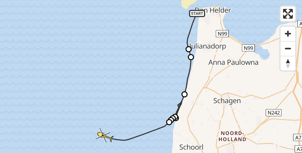 Routekaart van de vlucht: Kustwachthelikopter naar Strandslag Donkere Duinen