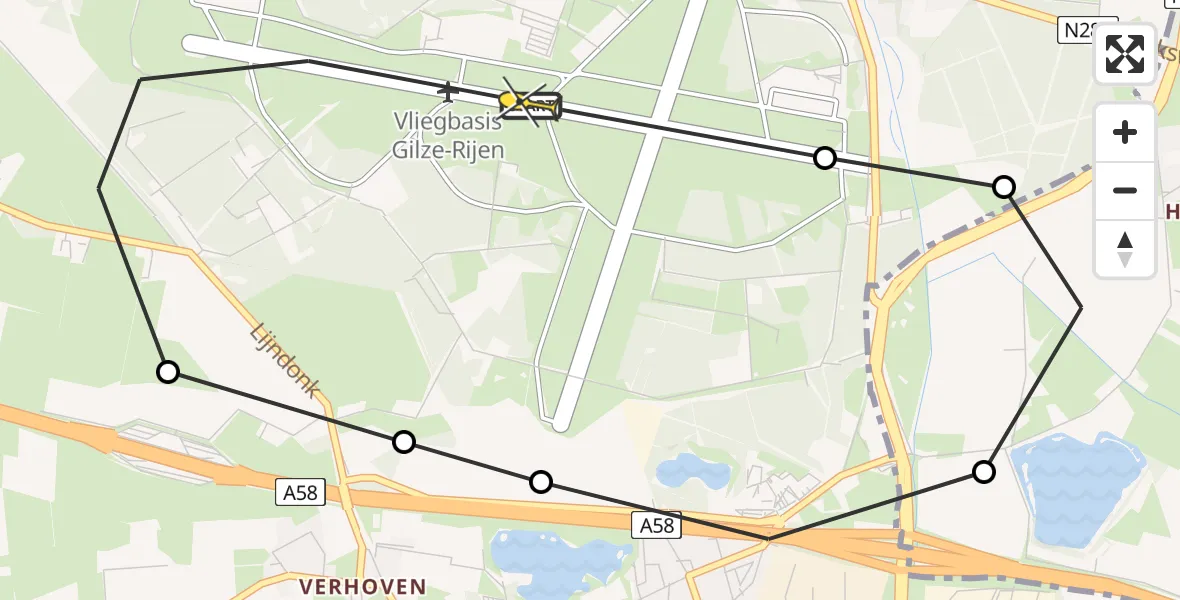 Routekaart van de vlucht: Politieheli naar Vliegbasis Gilze-Rijen, Rijksweg