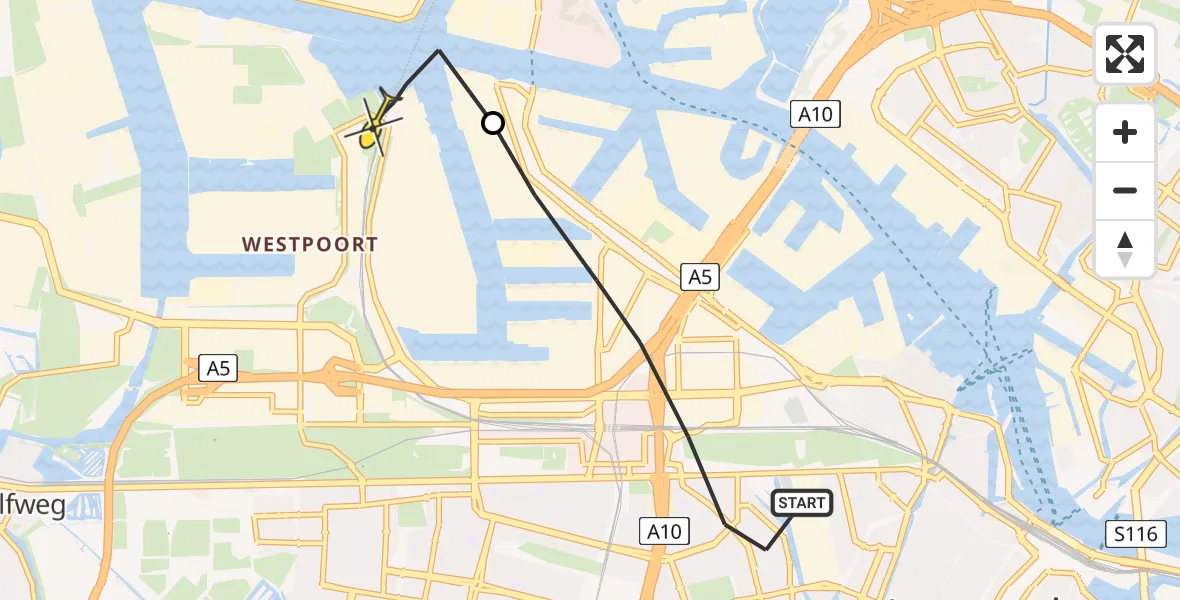 Routekaart van de vlucht: Lifeliner 1 naar Amsterdam Heliport, Admiraal De Ruijterweg