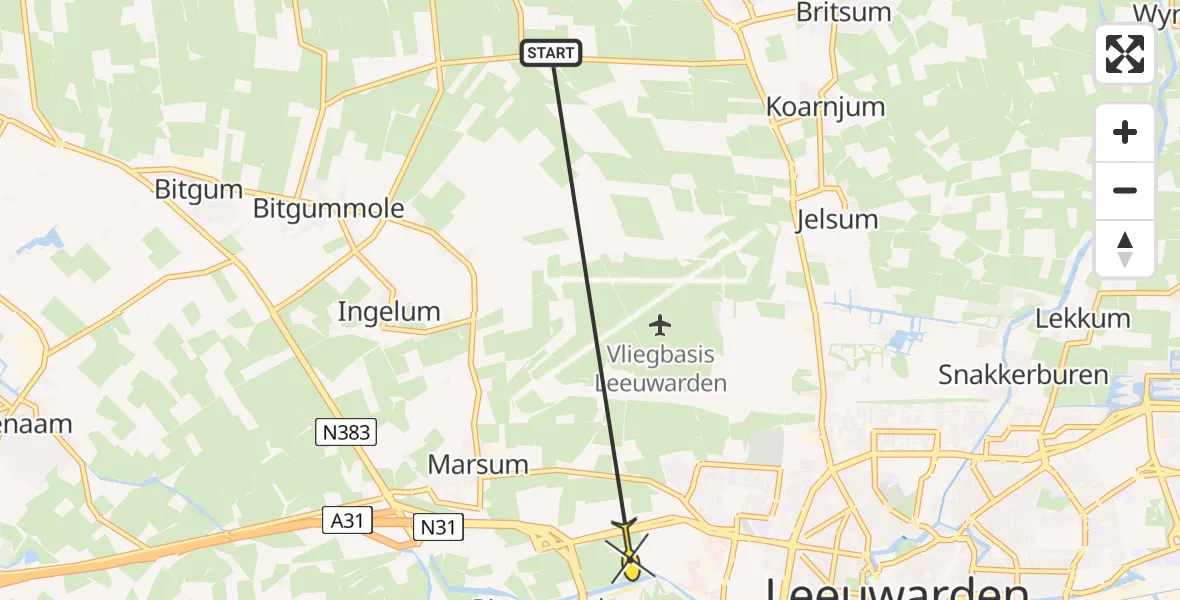 Routekaart van de vlucht: Ambulanceheli naar Leeuwarden, Sylsterdyk
