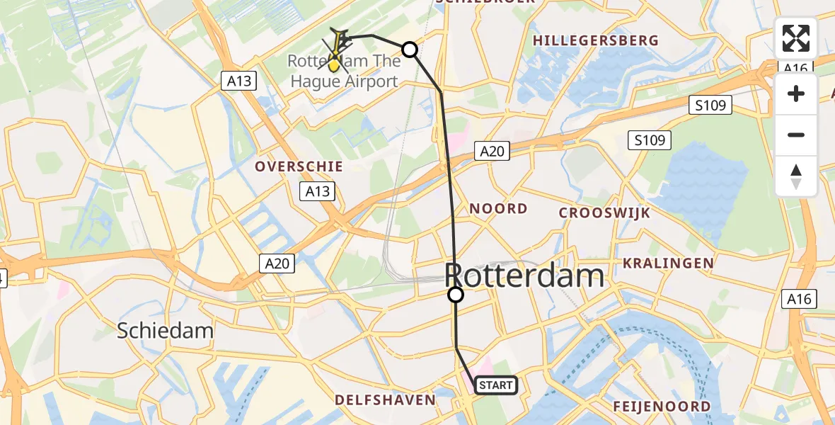 Routekaart van de vlucht: Lifeliner 2 naar Rotterdam The Hague Airport, 's-Gravendijkwal