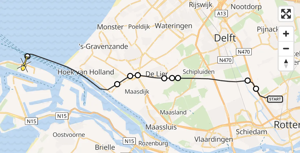 Routekaart van de vlucht: Kustwachthelikopter naar Maasvlakte, Maasgeul