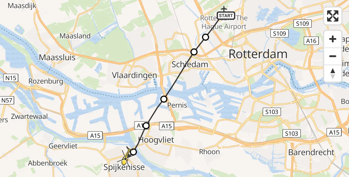 Routekaart van de vlucht: Lifeliner 2 naar Spijkenisse, Rhijnsburgstraat