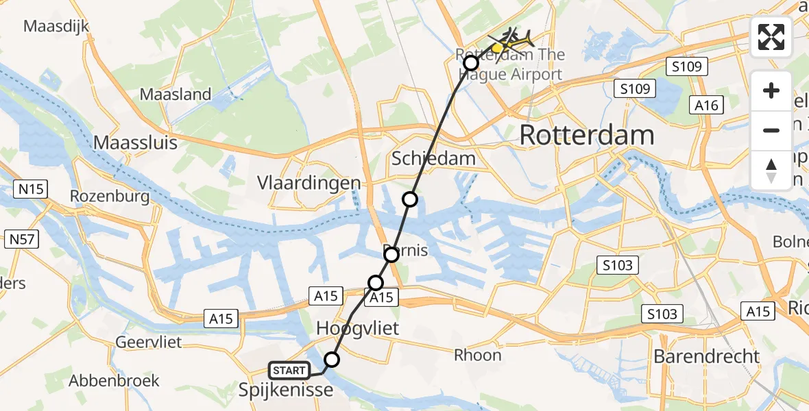 Routekaart van de vlucht: Lifeliner 2 naar Rotterdam The Hague Airport, Nieuw Hongerlandsedijk