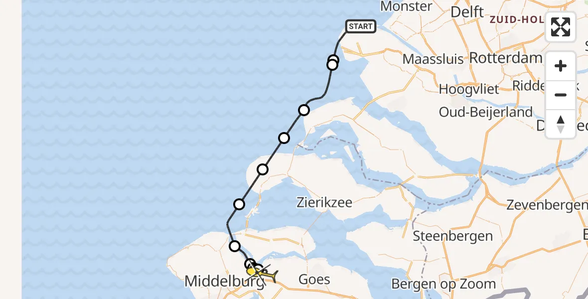 Routekaart van de vlucht: Kustwachthelikopter naar Vliegveld Midden-Zeeland, Europaweg