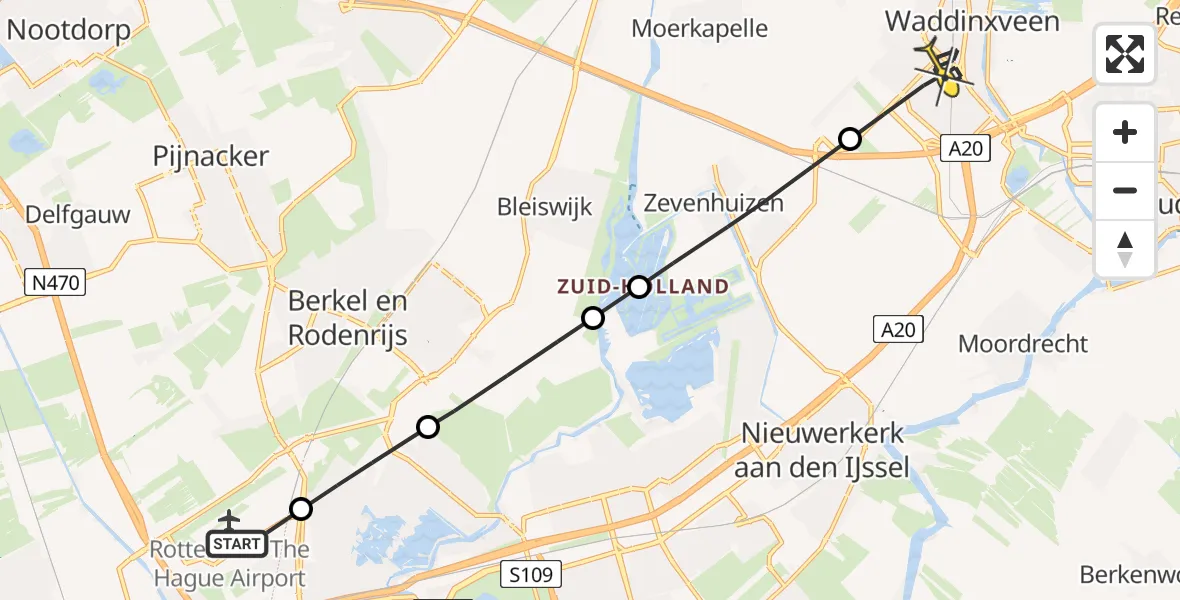 Routekaart van de vlucht: Lifeliner 2 naar Waddinxveen, Fairoaksbaan