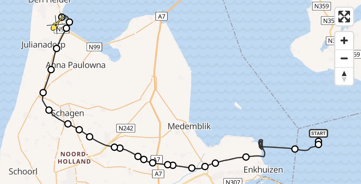 Routekaart van de vlucht: Kustwachthelikopter naar Vliegveld De Kooy, Luchthavenweg