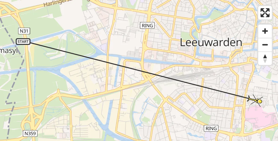 Vluchtroute Ambulancehelikopter van Leeuwarden naar Leeuwarden