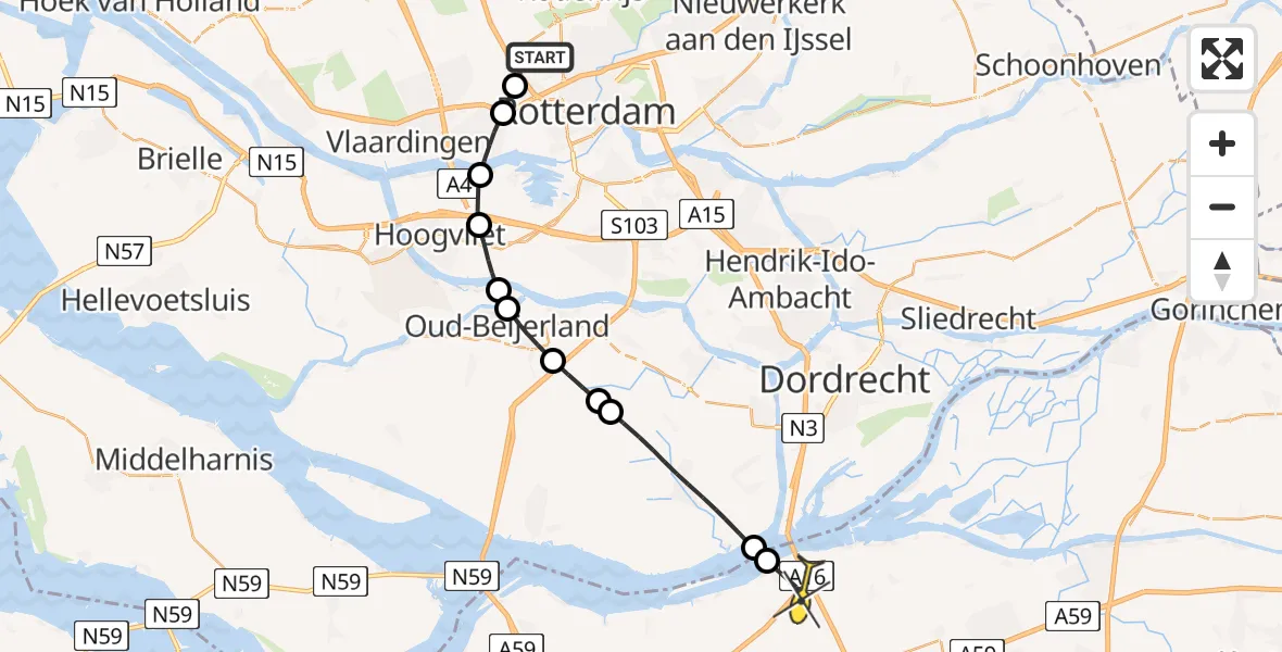 Routekaart van de vlucht: Lifeliner 2 naar Moerdijk, Rhijnsburgstraat