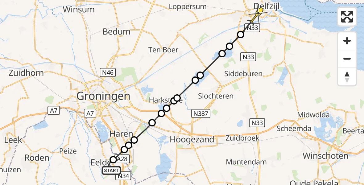 Routekaart van de vlucht: Lifeliner 4 naar Delfzijl, Burgemeester J.G. Legroweg