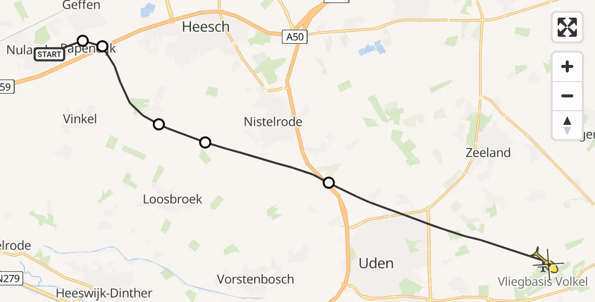 Routekaart van de vlucht: Politieheli naar Vliegbasis Volkel, Papendijk