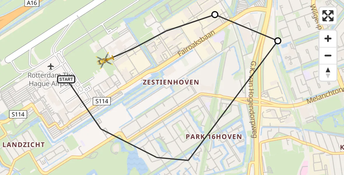 Vluchtroute Traumahelikopter Rotterdam The Hague Airport - Rotterdam The Hague Airport, 03 april 2024, 17:21