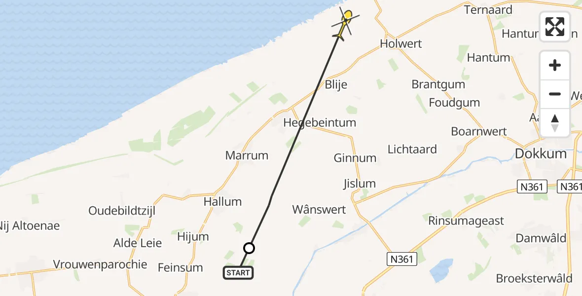 Routekaart van de vlucht: Ambulanceheli naar Holwerd, Zuidermiedweg