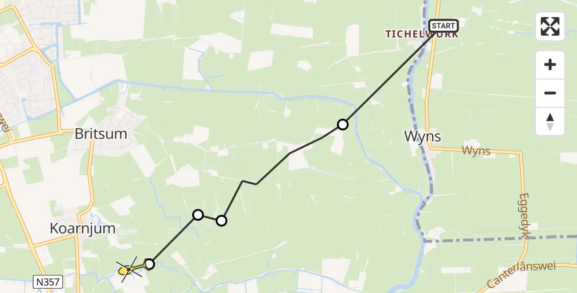 Routekaart van de vlucht: Ambulanceheli naar Koarnjum, Trijehoeksdyk