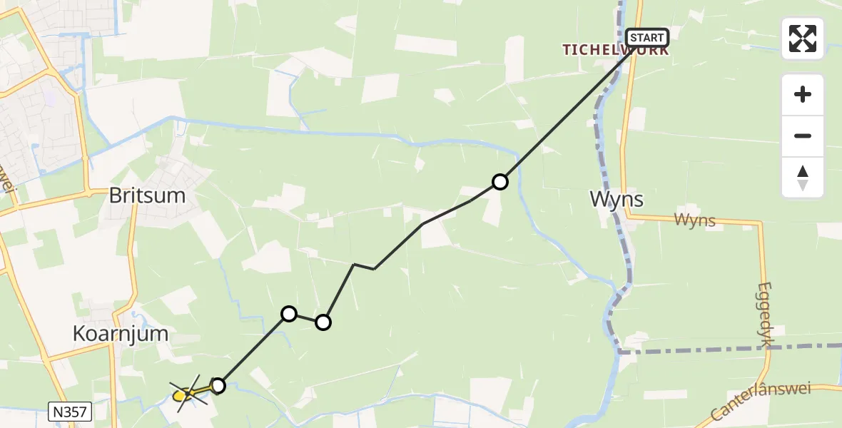 Routekaart van de vlucht: Ambulancehelikopter naar Koarnjum, Trijehoeksdyk