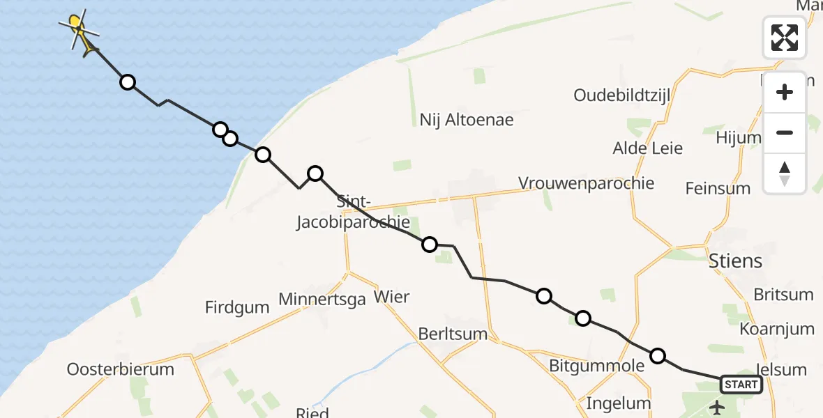 Routekaart van de vlucht: Ambulanceheli naar Oosterend, Bitgumerlân