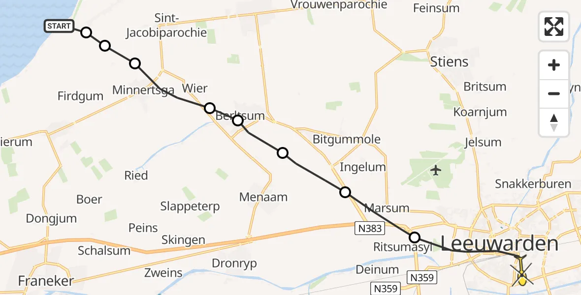 Routekaart van de vlucht: Ambulanceheli naar Leeuwarden, Oudebildtdijk