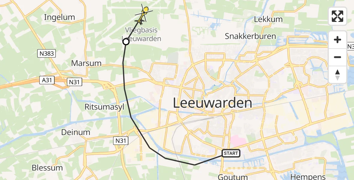 Vluchtroute Ambulancehelikopter van Leeuwarden naar Vliegbasis Leeuwarden