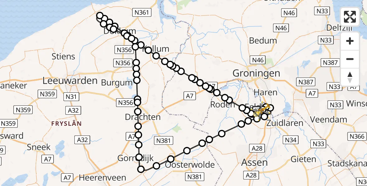 Vluchtroute Traumahelikopter Groningen Airport Eelde - Groningen Airport Eelde, 04 april 2024, 00:06