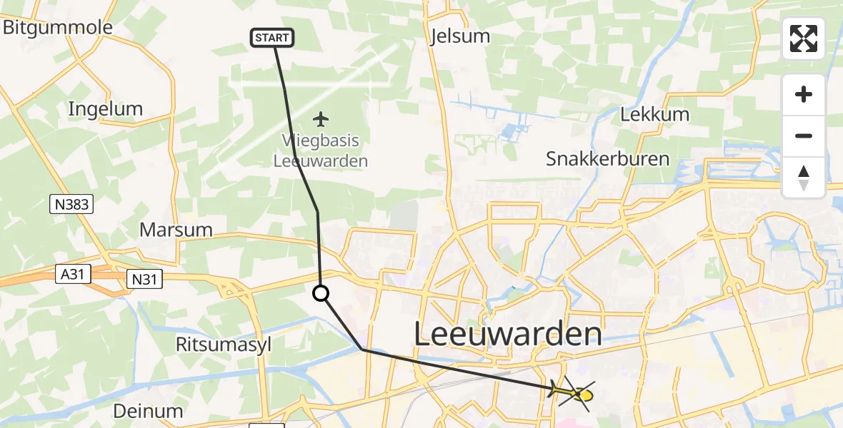 Routekaart van de vlucht: Ambulancehelikopter naar Leeuwarden, Keegsdijkje