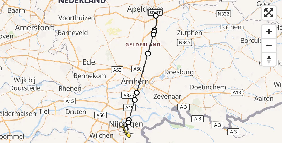 Routekaart van de vlucht: Lifeliner 3 naar Radboud Universitair Medisch Centrum, Bouwmeestershoeve