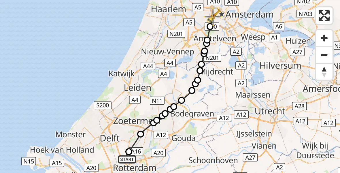 Vluchtroute Traumahelikopter Rotterdam The Hague Airport - Amsterdam, 04 april 2024, 07:27