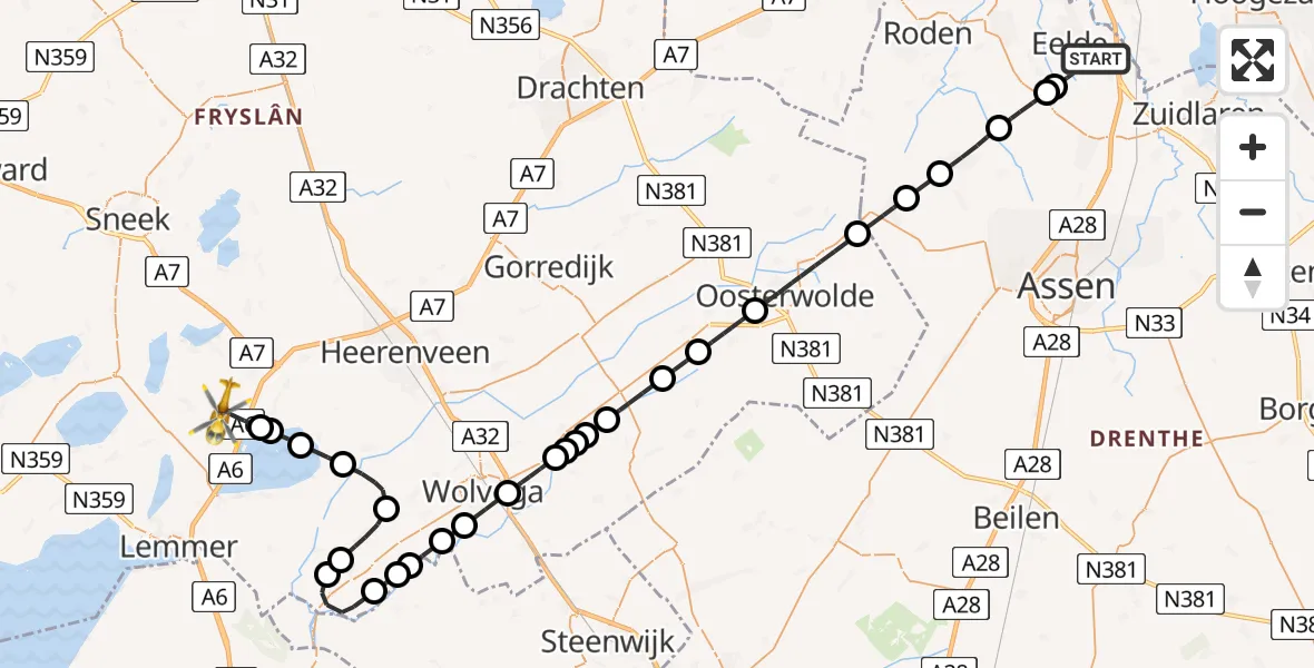 Vluchtroute Traumahelikopter Groningen Airport Eelde - Sint Nicolaasga, 04 april 2024, 07:33