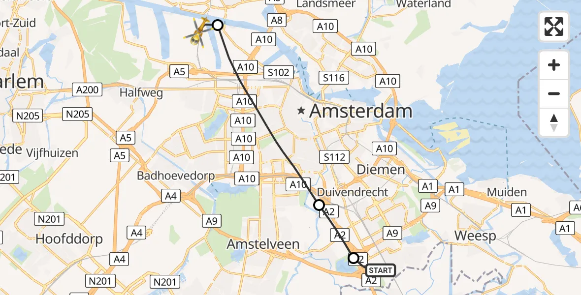 Routekaart van de vlucht: Lifeliner 1 naar Amsterdam Heliport, Tafelbergweg