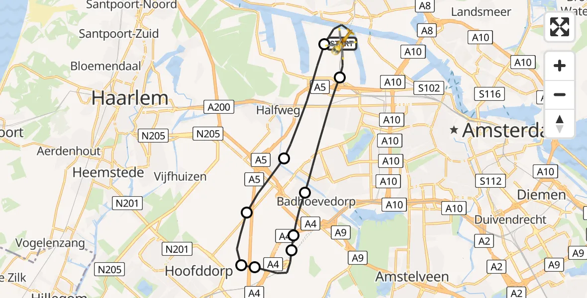 Vluchtroute Traumahelikopter van Amsterdam Heliport naar Amsterdam Heliport