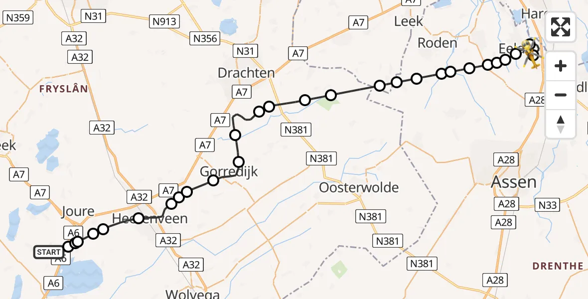 Vluchtroute Traumahelikopter Sint Nicolaasga - Groningen Airport Eelde, 04 april 2024, 08:29