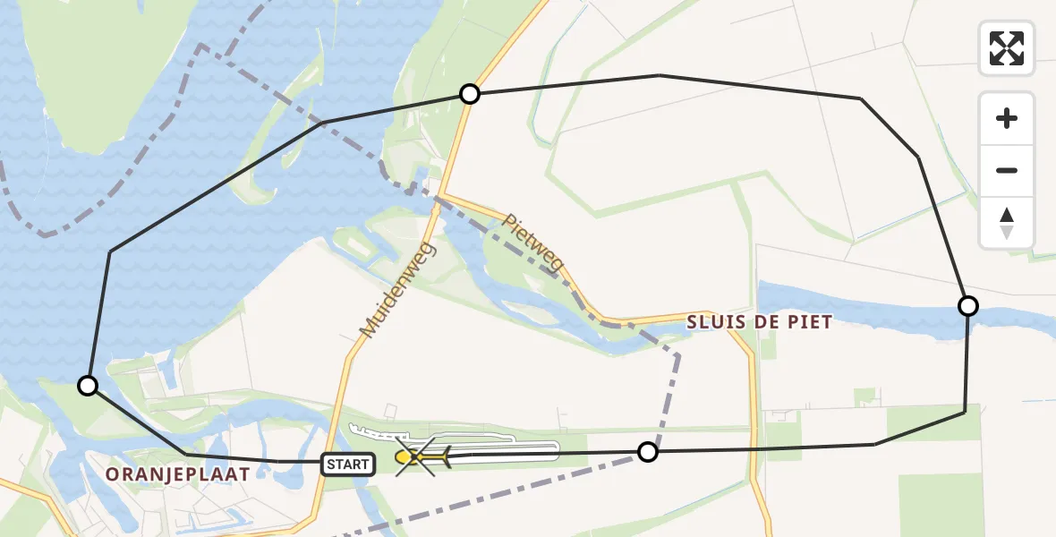 Routekaart van de vlucht: Politieheli naar Vliegveld Midden-Zeeland, Oranjeplaat