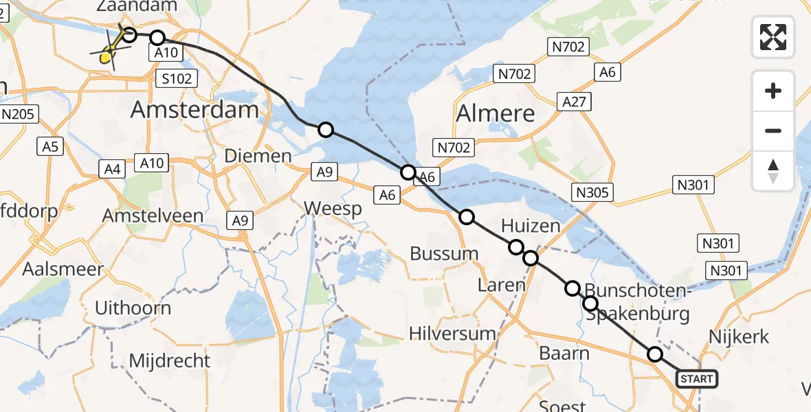 Routekaart van de vlucht: Lifeliner 1 naar Amsterdam Heliport, Duifpolder