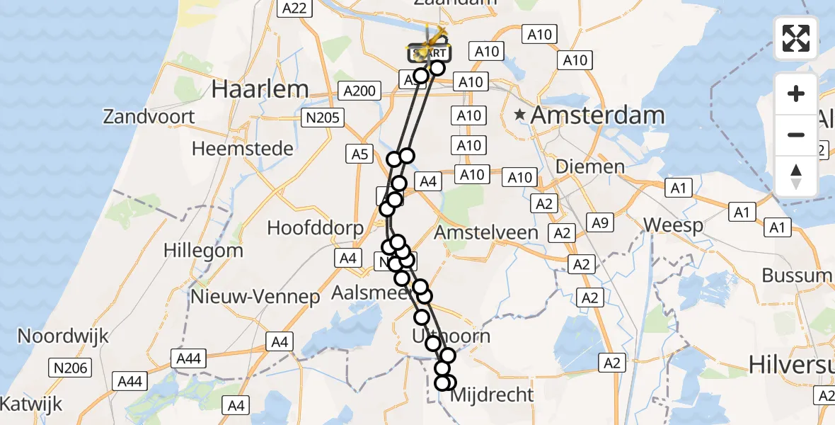 Vluchtroute Traumahelikopter van Amsterdam Heliport naar Amsterdam Heliport