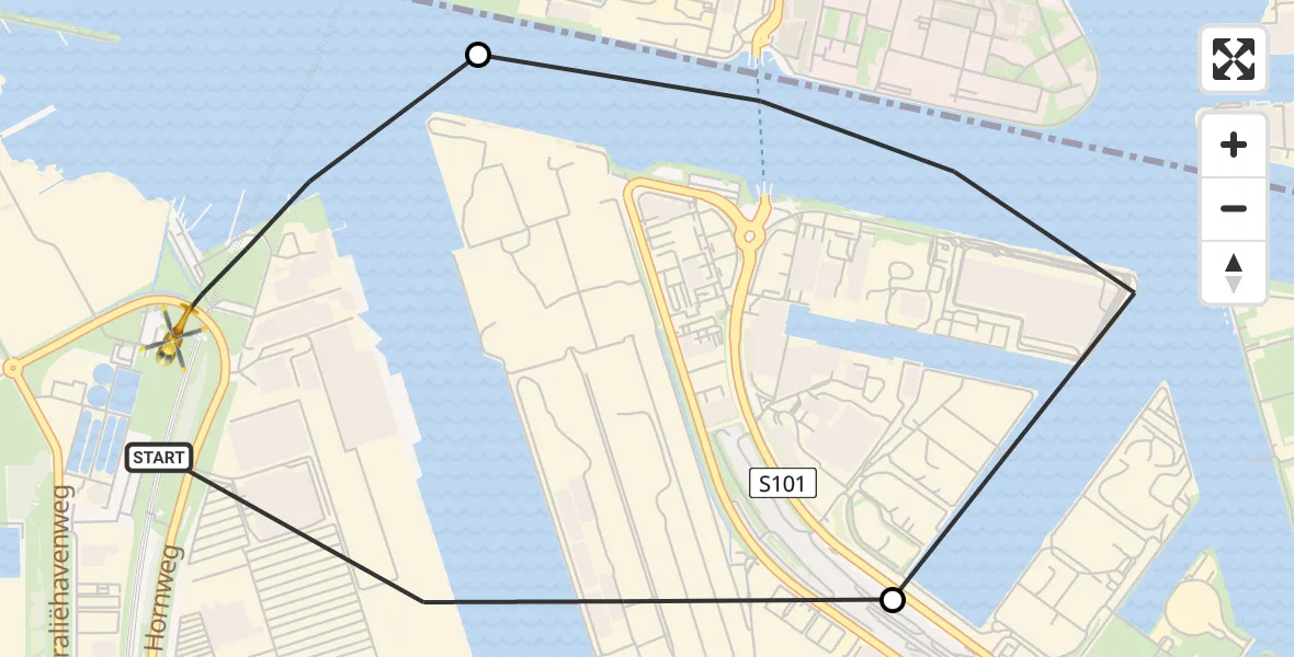 Routekaart van de vlucht: Lifeliner 1 naar Amsterdam Heliport, Kompasweg