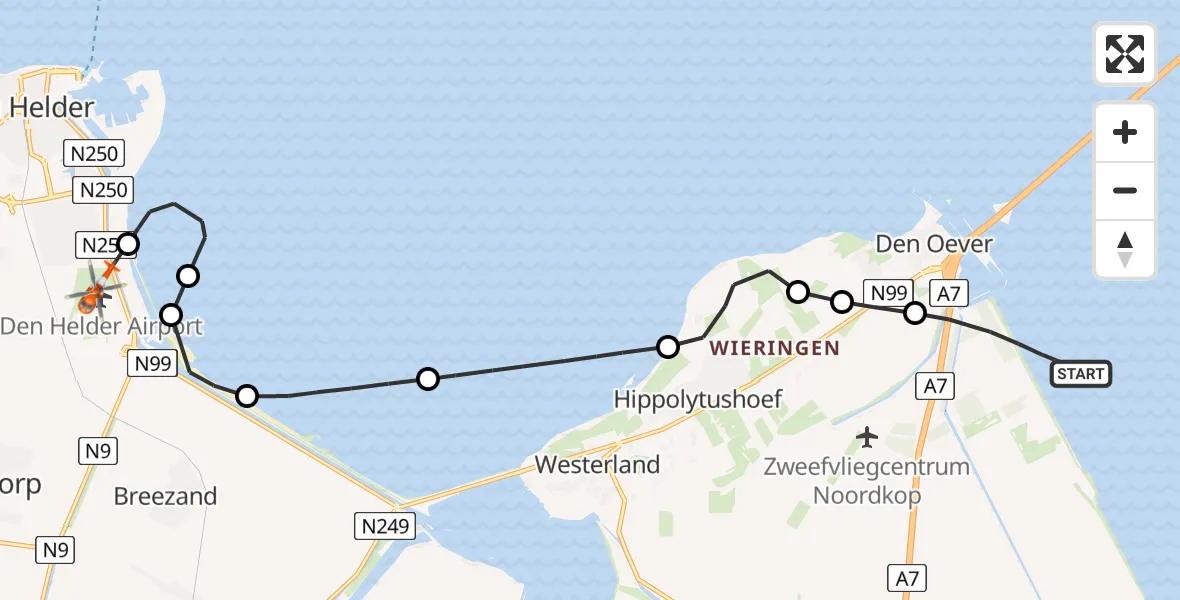 Routekaart van de vlucht: Kustwachthelikopter naar Vliegveld De Kooy, Noorderdijkweg