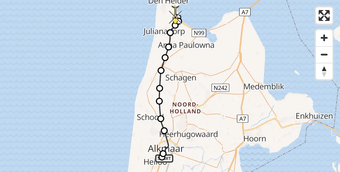 Routekaart van de vlucht: Kustwachthelikopter naar Vliegveld De Kooy, Anna Paulownastraat