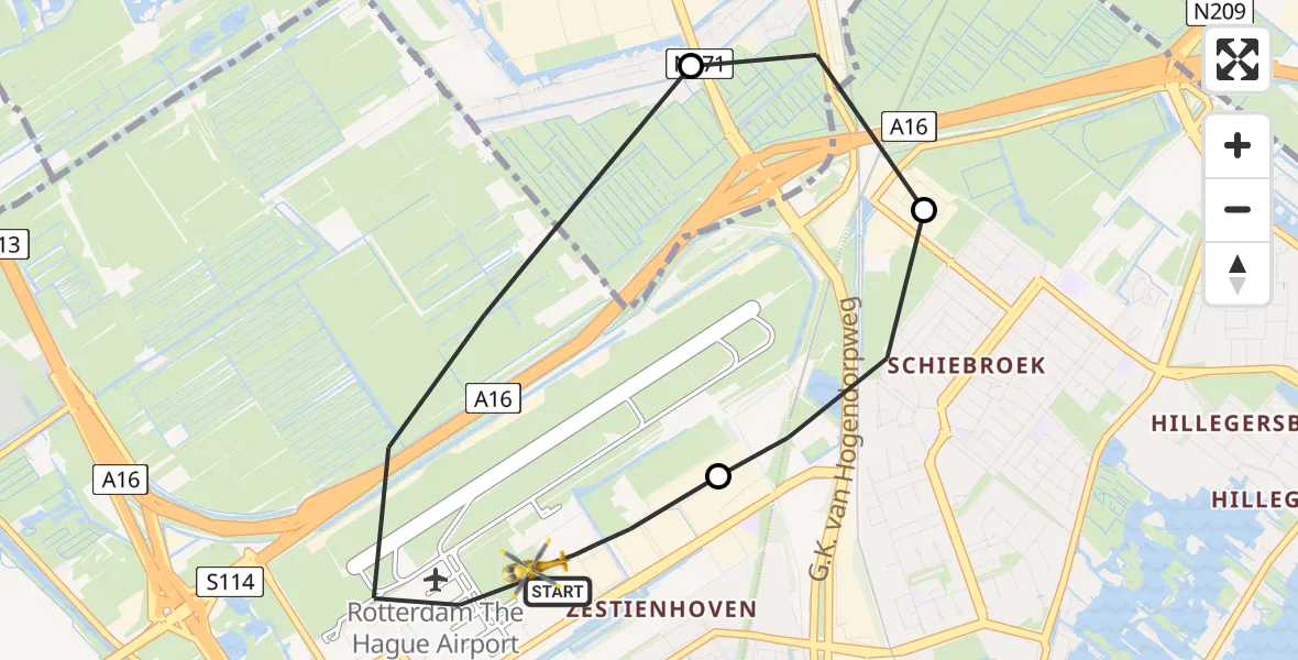 Vluchtroute Traumahelikopter Rotterdam The Hague Airport - Rotterdam The Hague Airport, 04 april 2024, 17:02