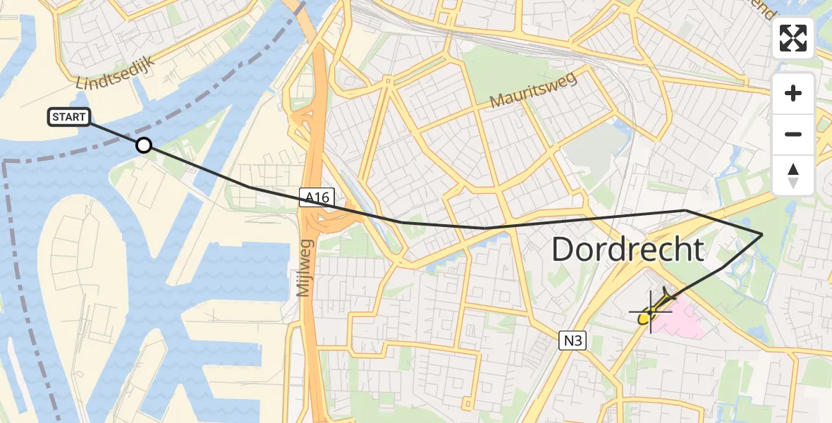 Routekaart van de vlucht: Lifeliner 2 naar Dordrecht, Marconiweg