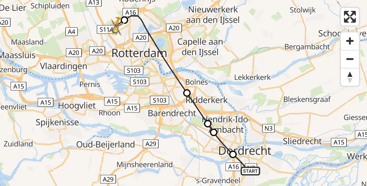 Vluchtroute Traumahelikopter Dordrecht - Rotterdam The Hague Airport, 04 april 2024, 18:37