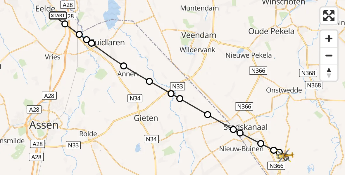 Vluchtroute Traumahelikopter van Groningen Airport Eelde naar Mussel