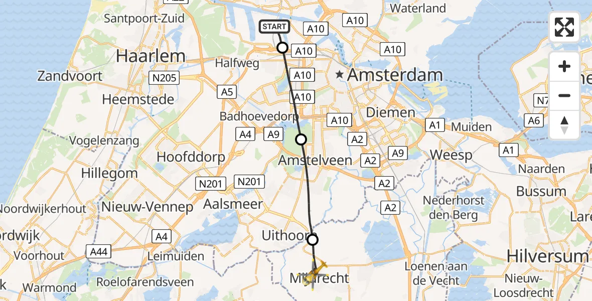 Vluchtroute Traumahelikopter van Amsterdam Heliport naar Mijdrecht