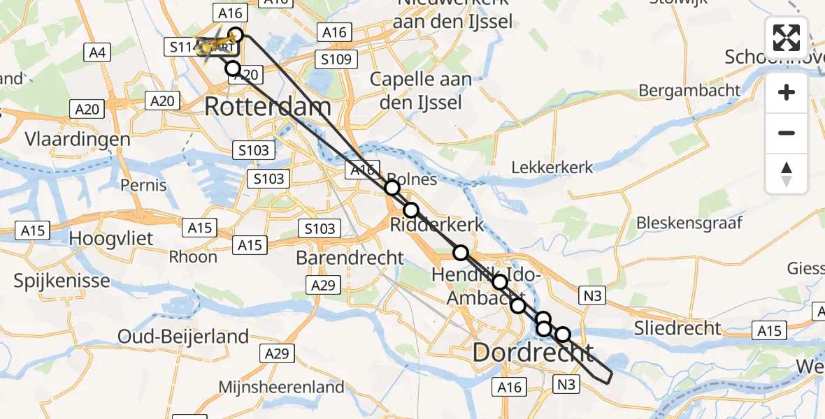 Vluchtroute Traumahelikopter Rotterdam The Hague Airport - Rotterdam The Hague Airport, 04 april 2024, 19:53