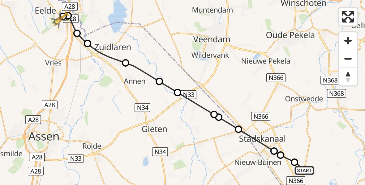 Vluchtroute Traumahelikopter van Mussel naar Groningen Airport Eelde