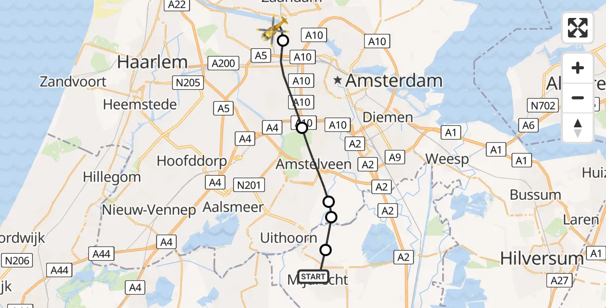 Vluchtroute Traumahelikopter van Mijdrecht naar Amsterdam Heliport